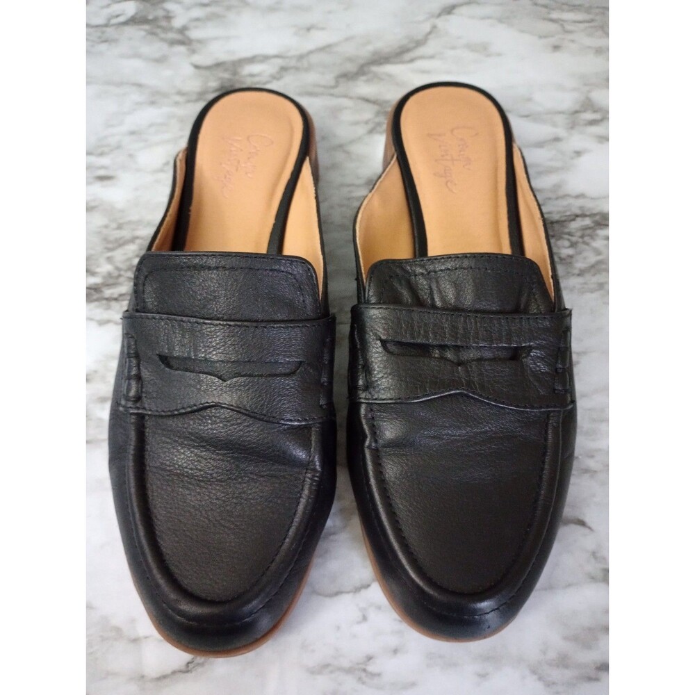 Crown Vintage Black Leather Loafer Mules Block Heel Shoes Size 7.5M - Picture 3 of 8